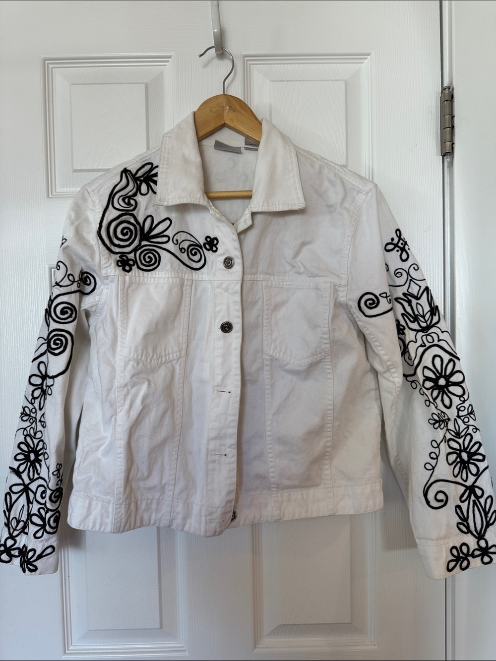 Chico's White Embroidered Denim Jacket with Black Floral Detail